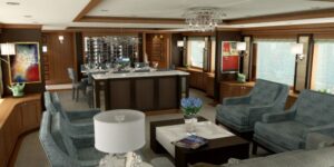 luxury private jet interior with elegant luggage and travel essentials