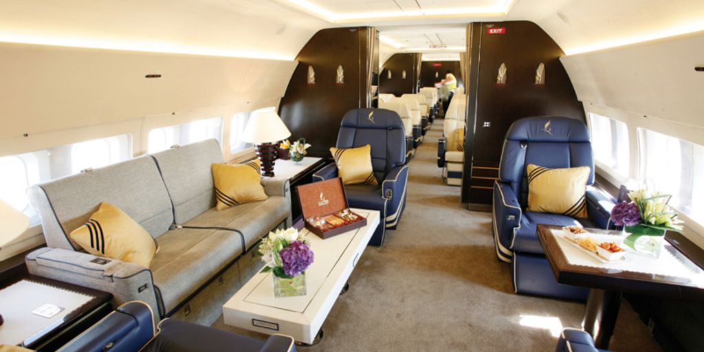 luxurious Gulfstream jet in a modern airport