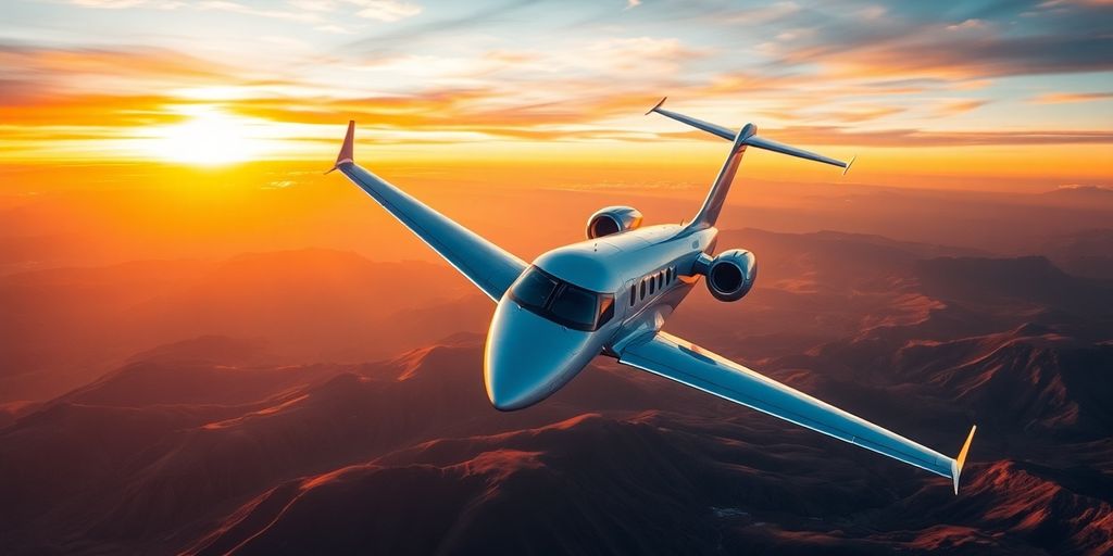 Luxurious private jet flying over beautiful landscapes at sunset.