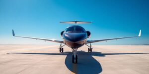 Luxurious private jet on a sunny runway.