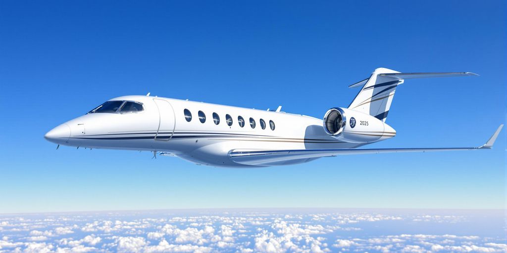 Luxurious business jet flying in a clear sky.