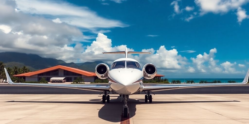 Luxury private jet at tropical airport with blue skies.