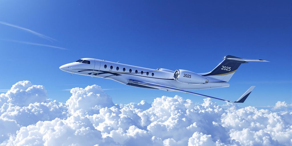 Luxury private jet flying in a clear blue sky.