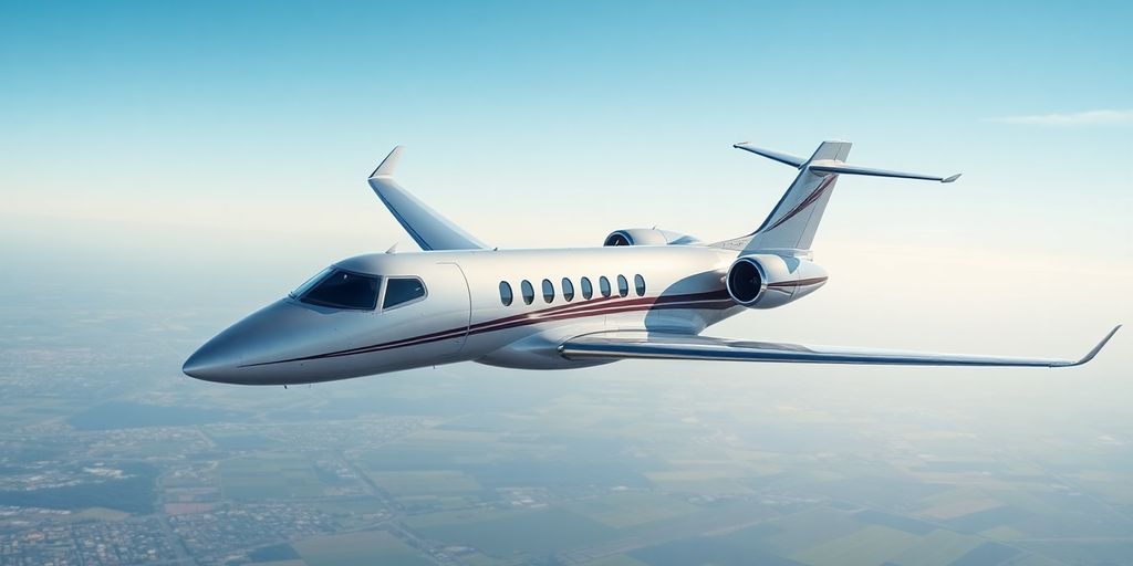 A private jet flying above a vibrant cityscape.