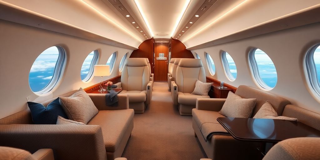 Interior of a luxurious private jet with plush seating.