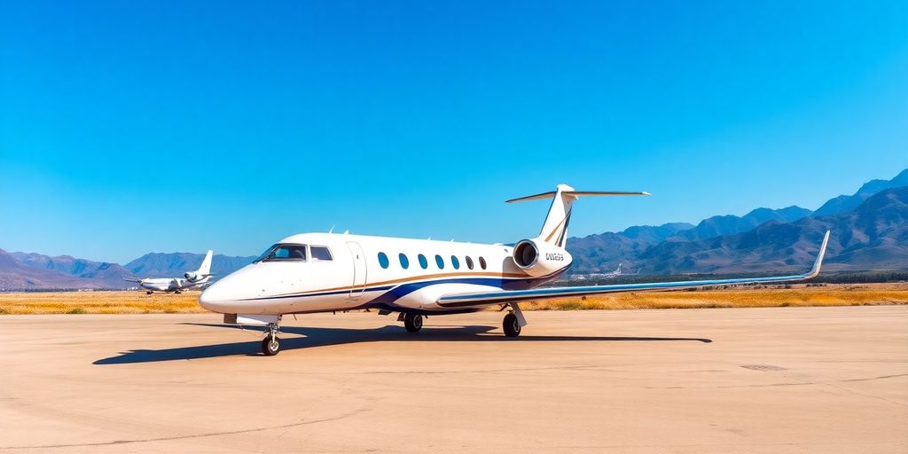 Private jet on a runway with stunning landscapes.