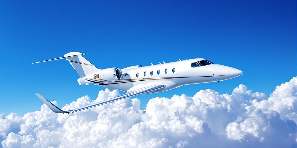 Sleek small jet flying against a blue sky.