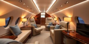 Luxurious private jet interior with plush seating and elegance.